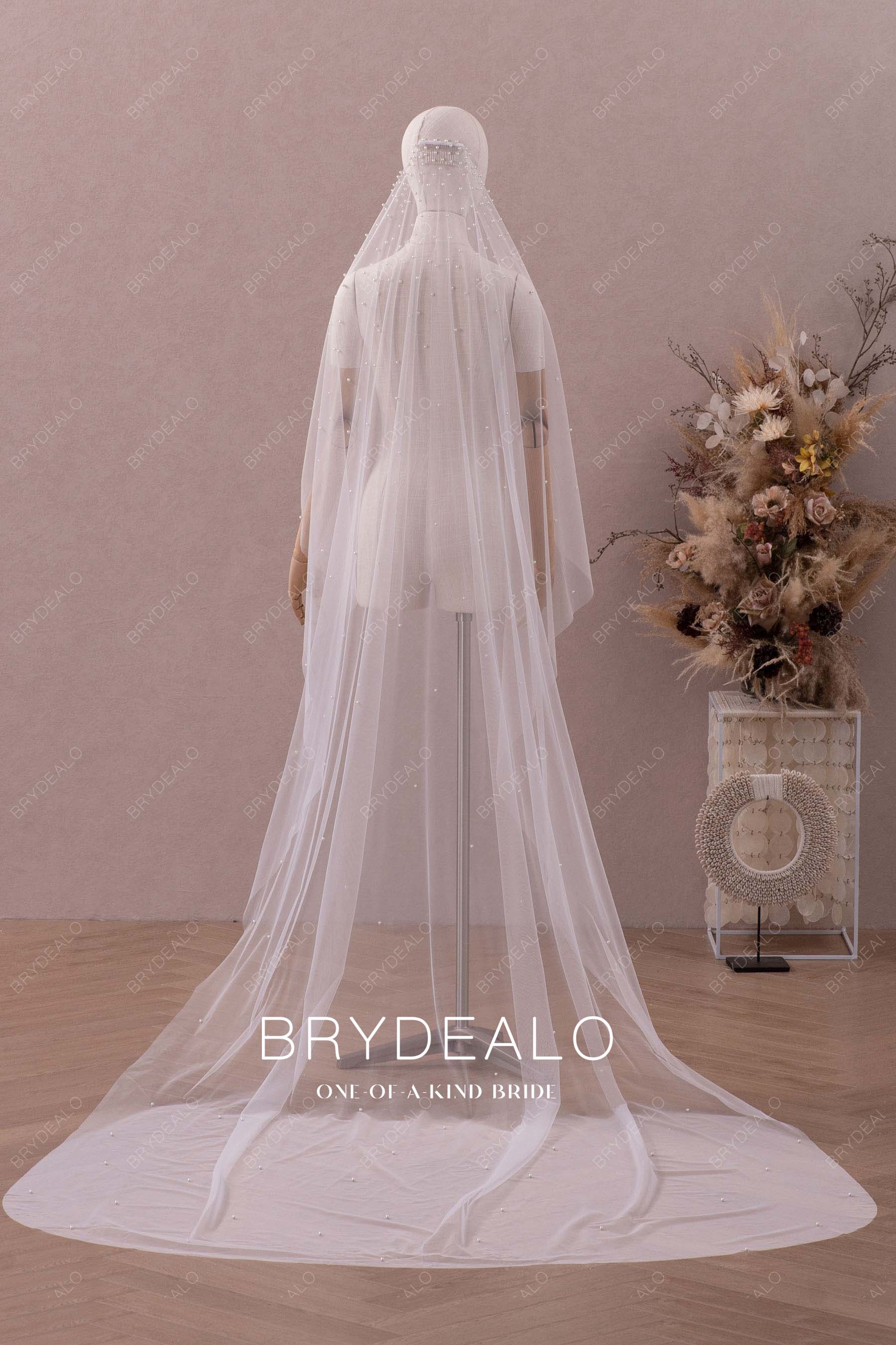 SINDALU 90 Chapel Length Veil,Champagne Tulle Wedding Veil with  Pearls,Floral Lace Veil,Cathedral Bridal Veil with Comb,Pearl Lace Veil,Beaded  Veil 