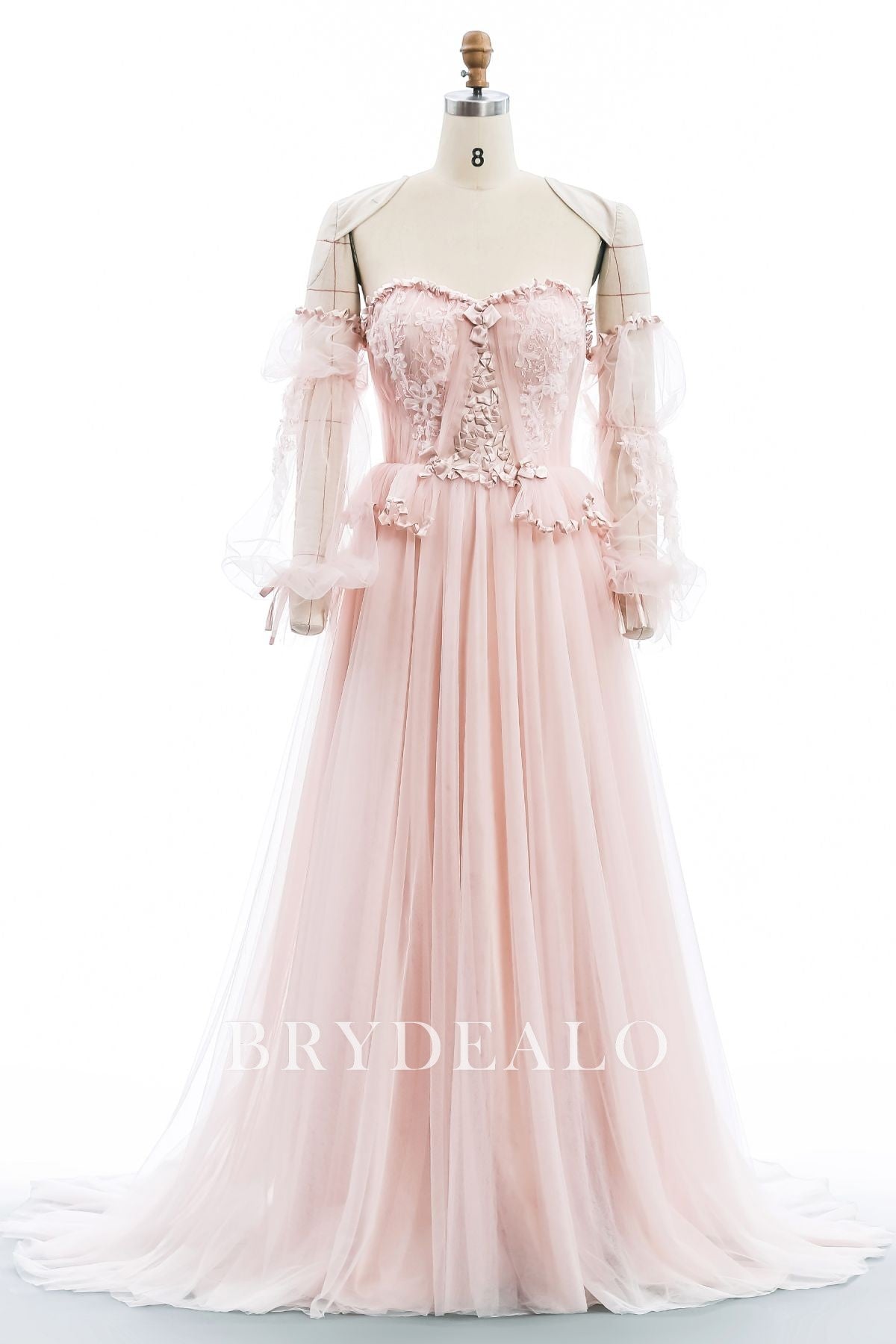 Brydealo Factory Pink Tulle Off-Shoulder Tea Length Formal Dress