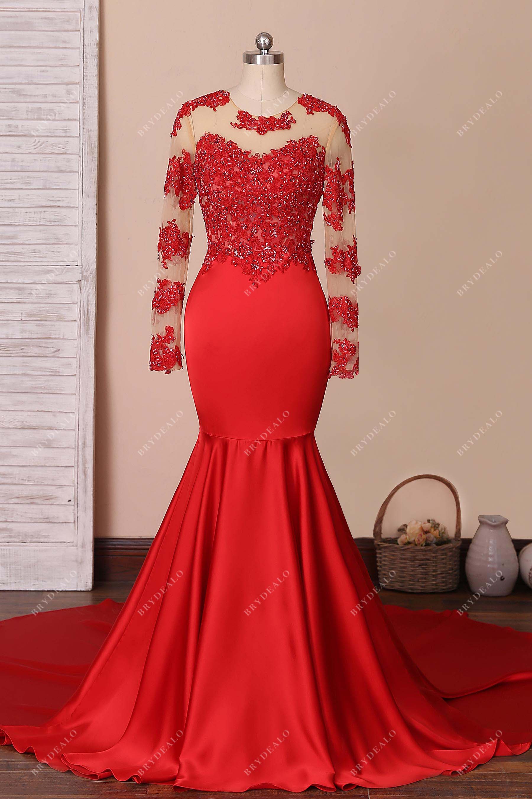 Long Sleeve Mermaid Prom Dresses Long Red Lace Gorgeous Formal Gowns SED016  – SELINADRESS