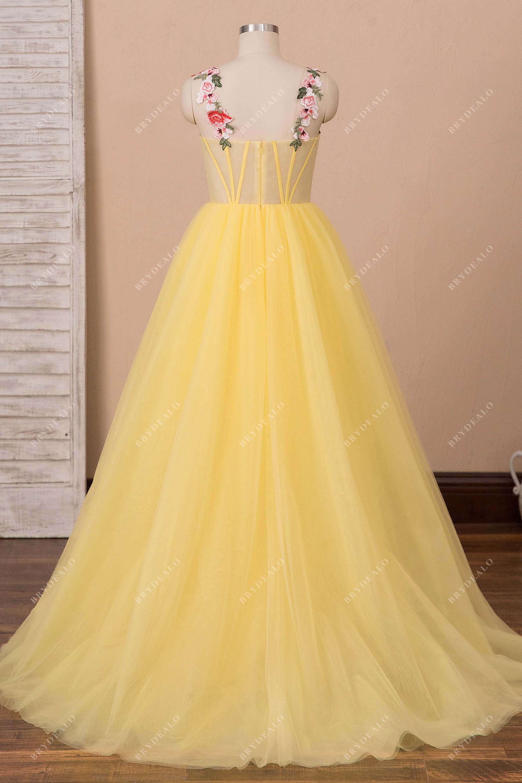 Special Net Strapless Tulle Long Yellow Party Dress with Corset