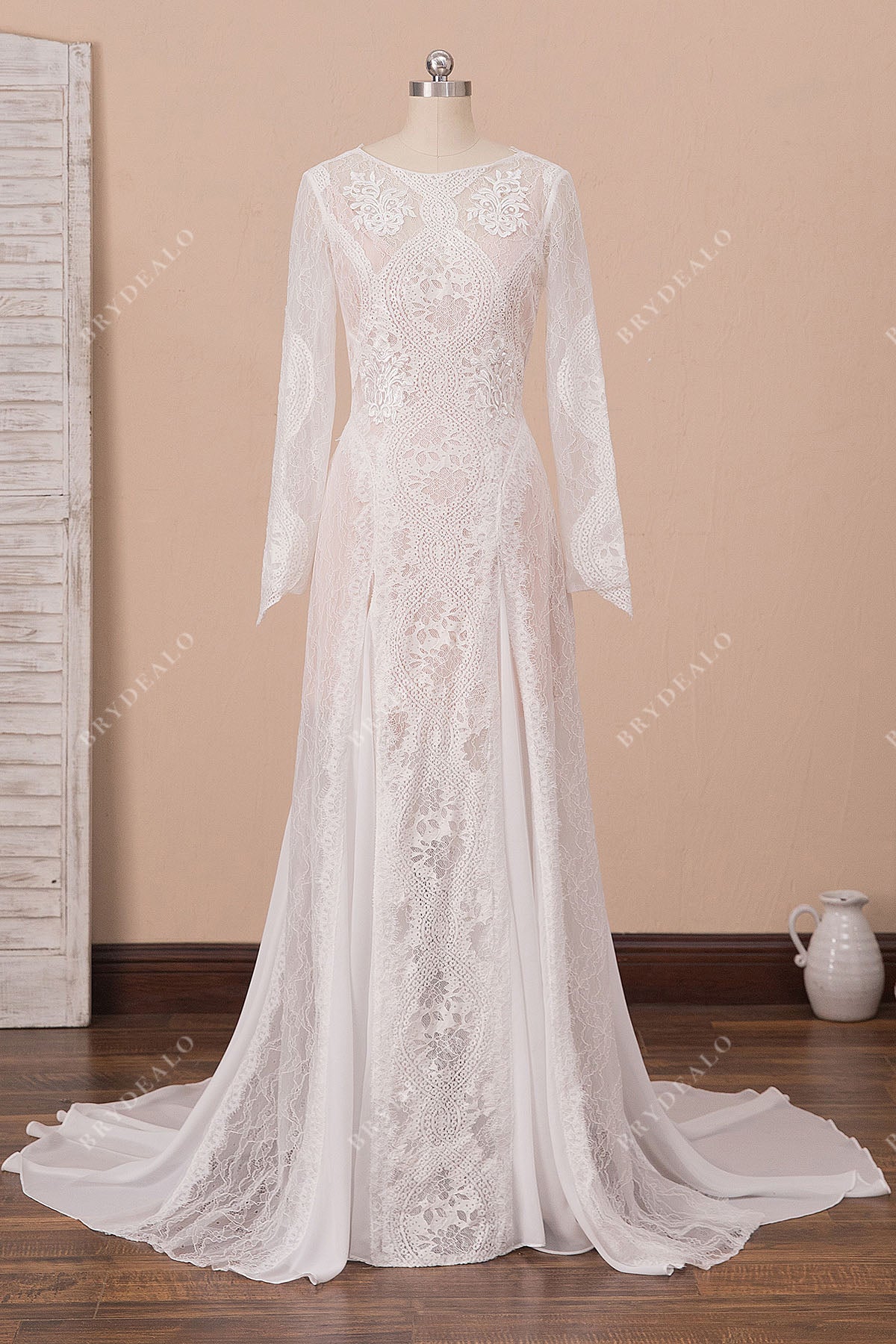 Graceful Lace & Chiffon Jewel Neckline See Through A Line Two Piece Wedding  Dress Long Sleeves White Bridal Dress Floor Length From 125,27 €