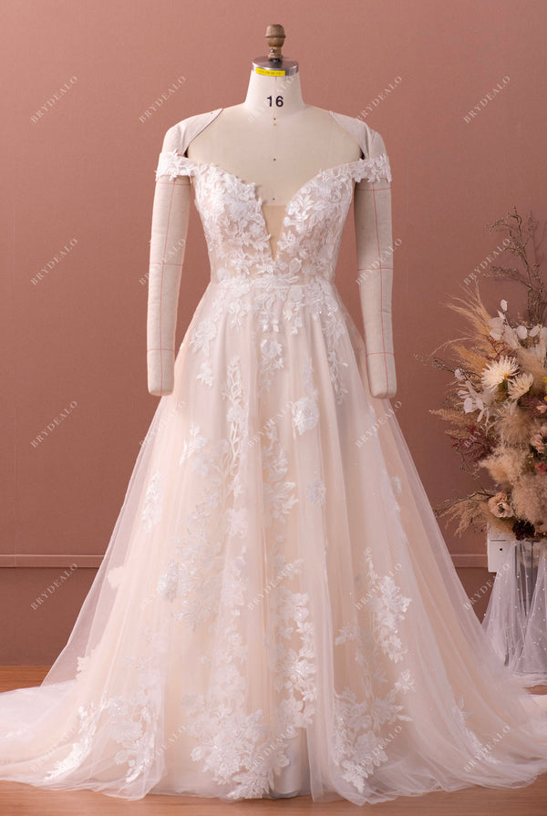 shimmery off shoulder lace A-line wedding dress