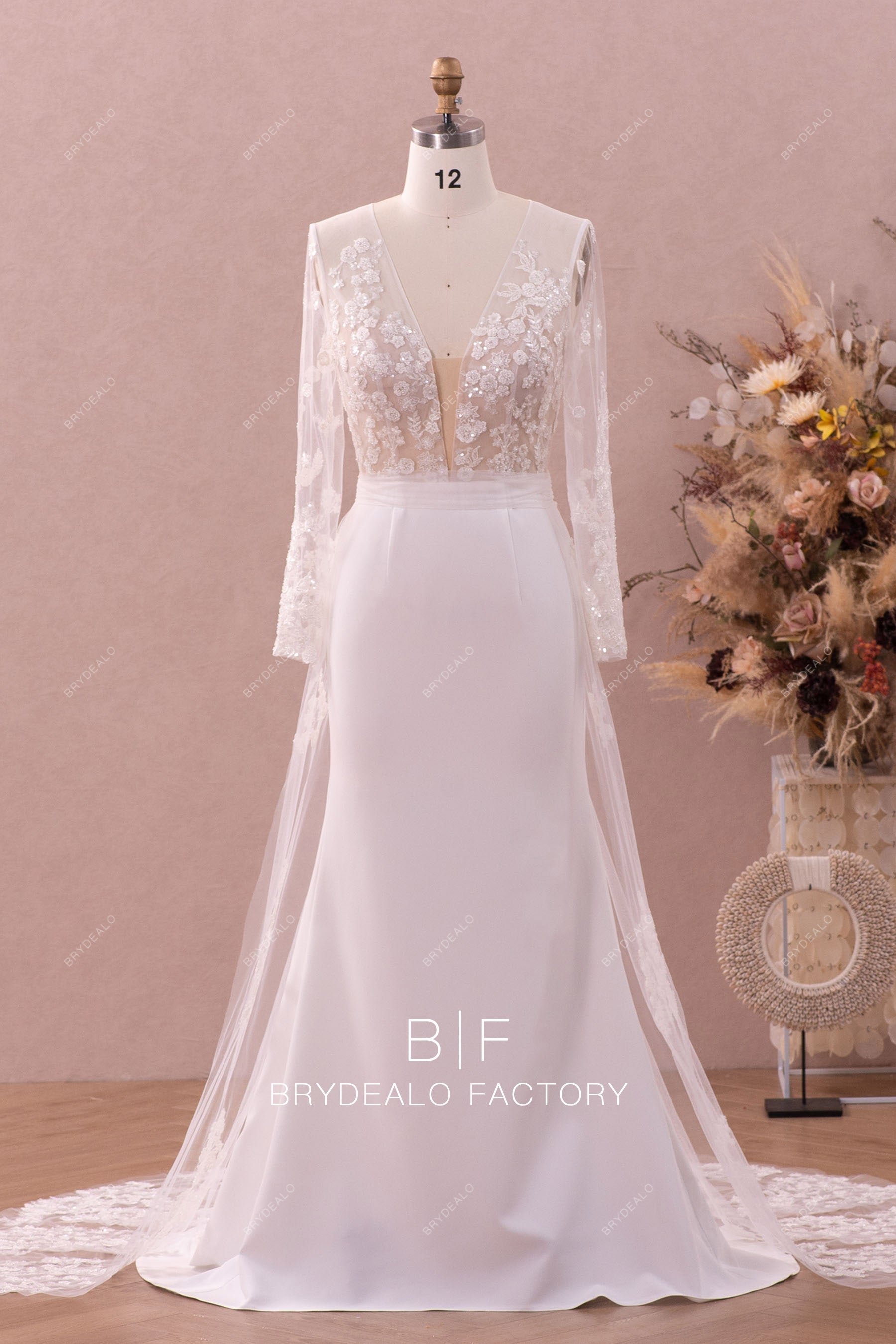 Flower Lace Cap Sleeve Detachable Overskirt Crepe Wedding Dress