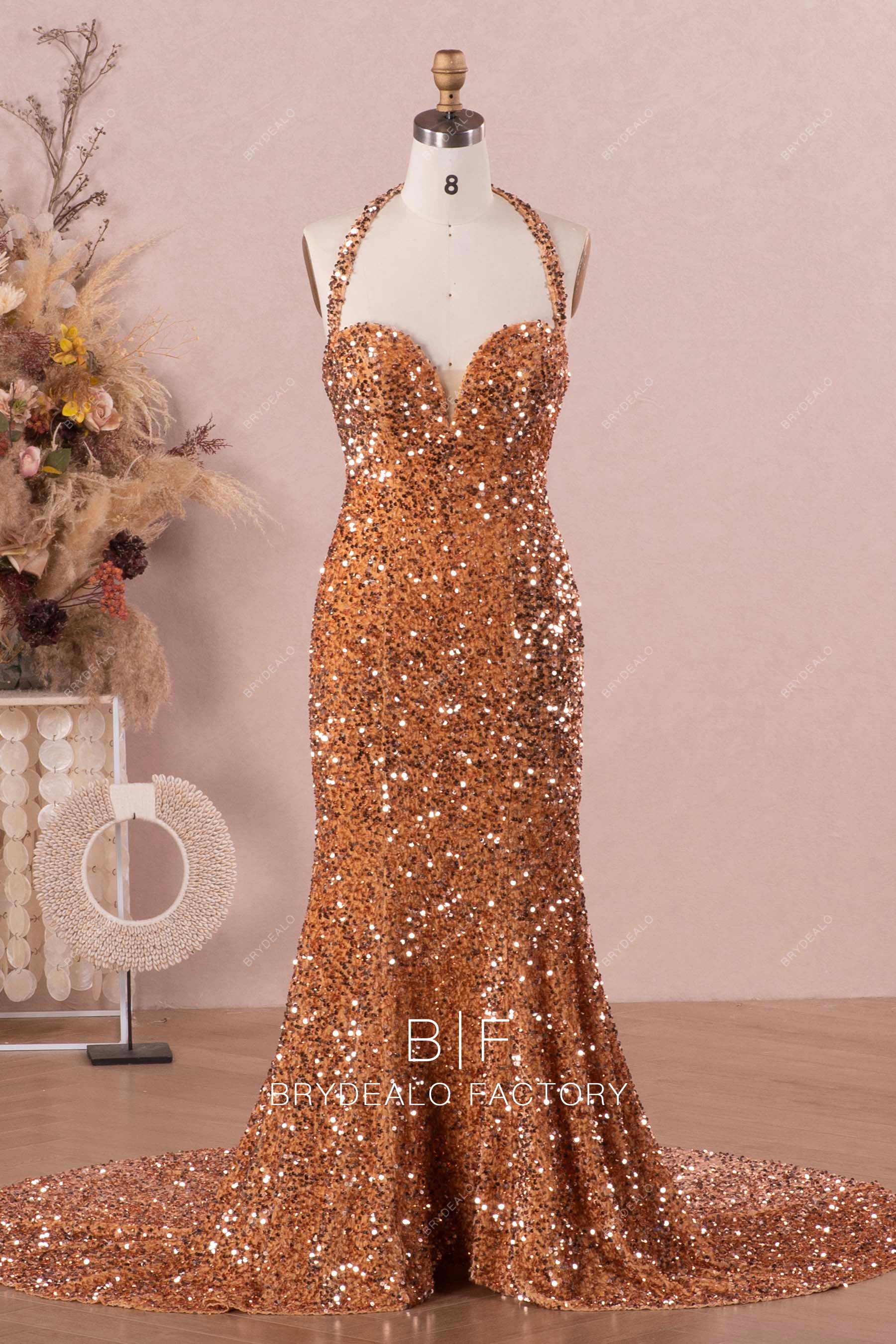 Brooks Sequin Flare Dress in Rose Gold