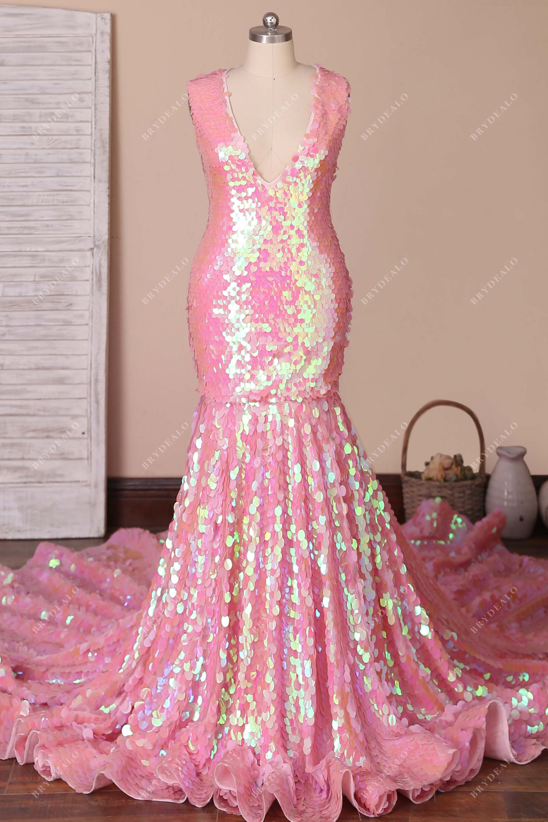 Geometric Pattern Hot Pink Sequin Mermaid Prom Dress - Lunss