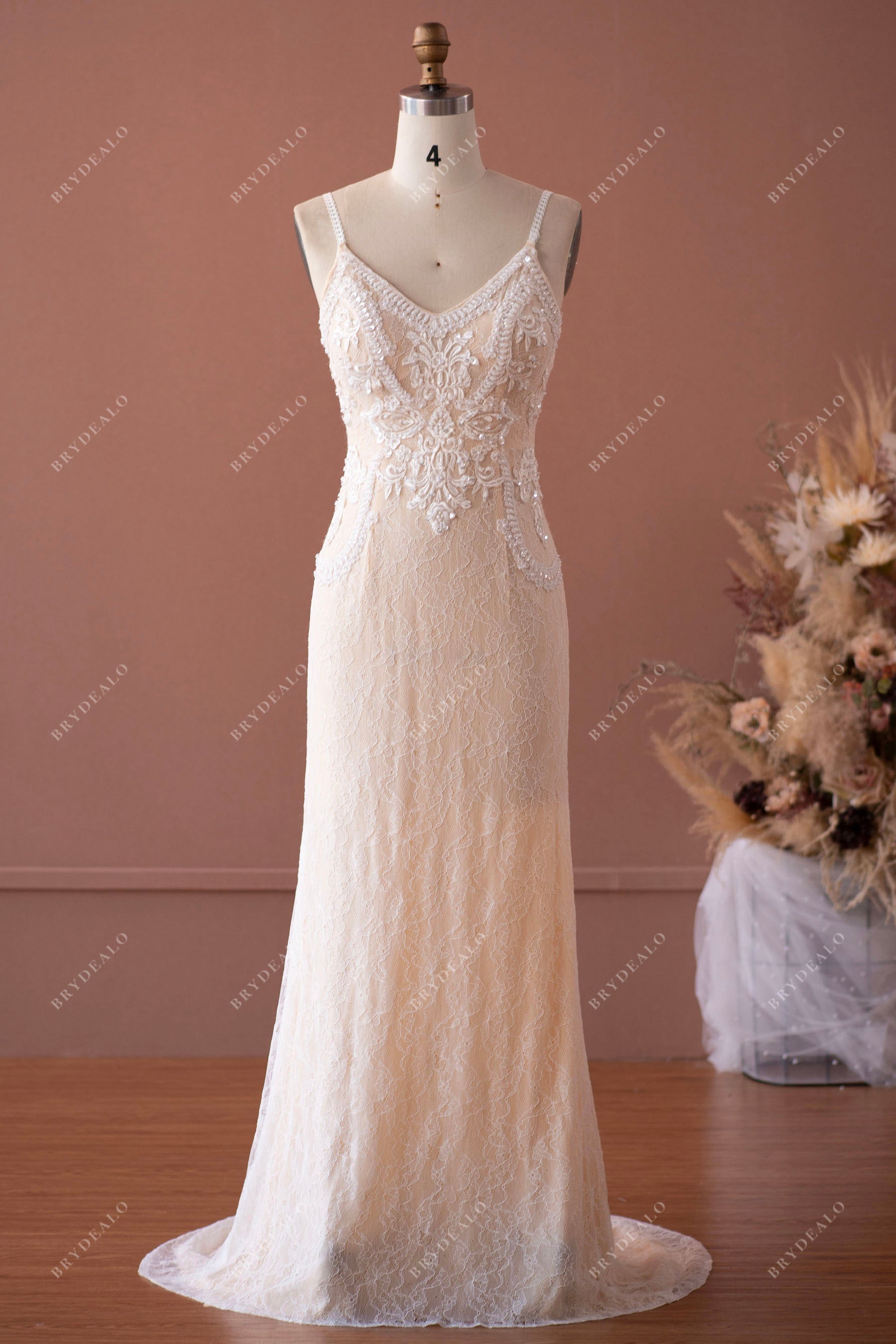 Boho Colored Flower Lace Fit Flare Wedding Dress