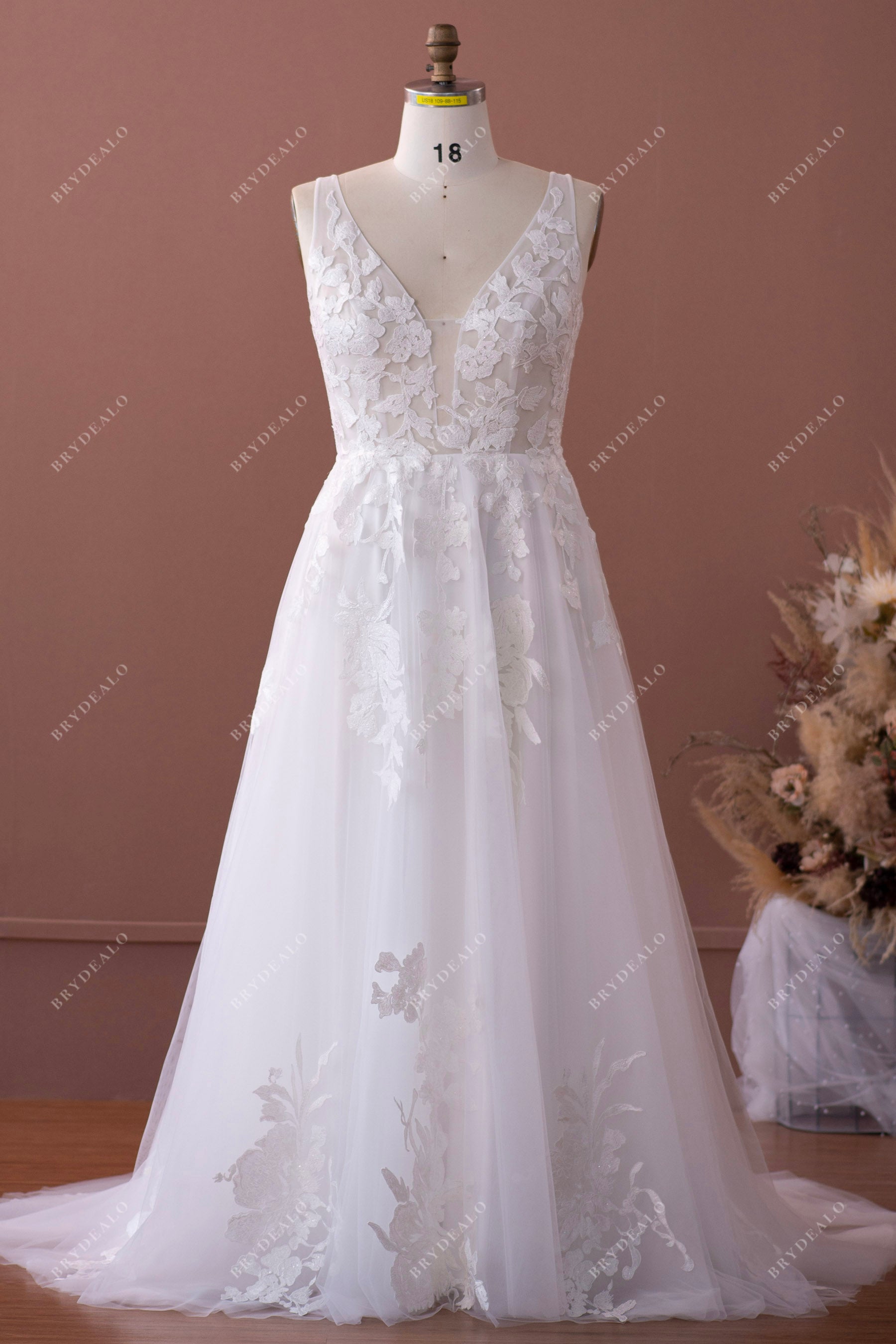Black Boho Plunging Lace Tulle Wedding Dress