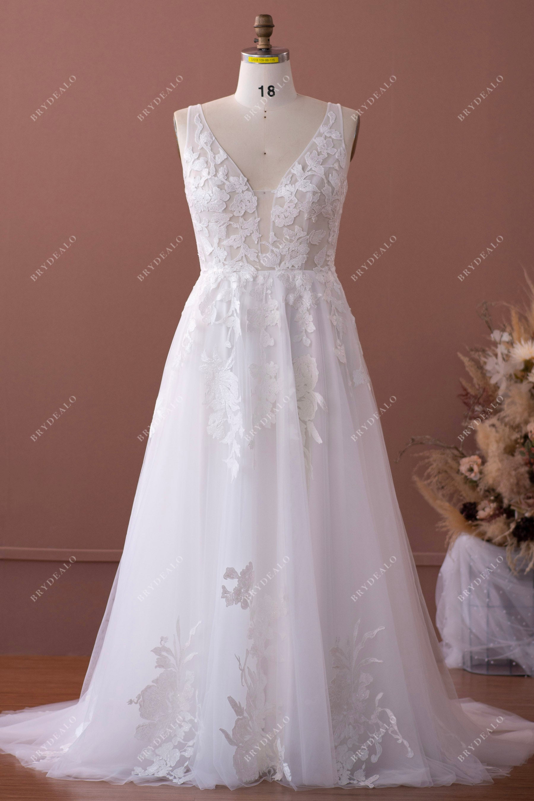 Beaded Floral Lace Plunging A-line Wedding Dress