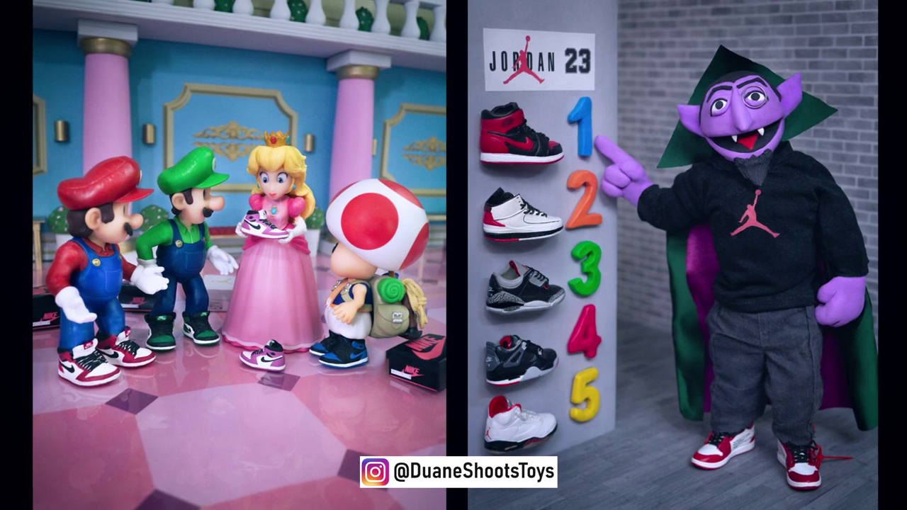 Left: Mario Themed Photo with Sneakers. Right: Count Dracula from Sesame Street with Sneakers