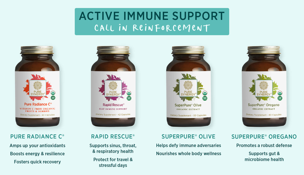 Active Immune Support (Call in Reinforcement): Pure Radiance C amps up your antioxidants, boosts energy & resilience, fosters quick recovery. Rapid Rescue supports sinus throat, & respiratory health, protects for travel & stressful days. SuperPure Olive helps defy immune adversaries, nourishes whole body wellness. SuperPure Oregano promotes a robust defense, supports gut & microbiome health.