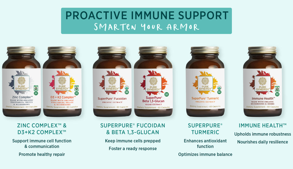 Proactive Immune Support (Smarten your armor): Zinc Complex & D3+K2 Complex support immune cell function & communication, promote healthy repair. SuperPure Fucoidan & Beta 1,3-Gluten keep immune cells prepped, foster a ready response. SuperPure Turmeric enhances antioxidant function, optimizes immune balance. Immune Health upholds robustness, nourishes daily resistance.