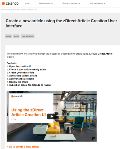 Create a new article using the zDirect Article Creation User Interface