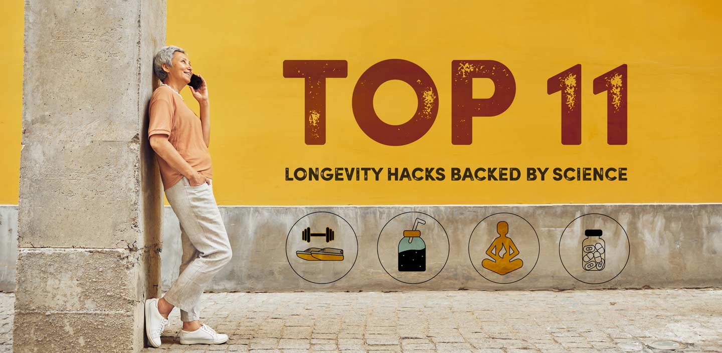 Photo of vital elder woman with blog title top 11 longevity hacks backed by science.