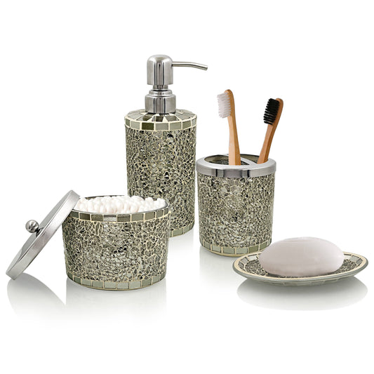 Sanbege Mosaic Glass Bathroom Accessories Set, Modern Luxury Bath Ensemble,  Includes Soap Dispenser & Cotton Swab Jar & Toothbrush Holder & Vanity