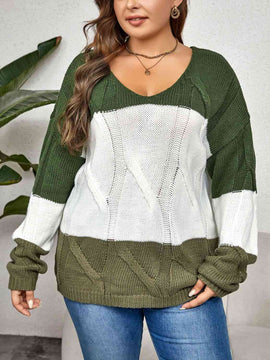 Plus Size Color Block Long Sleeve Sweater (Online Only) 1X - 3X