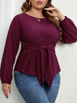 Plus Size Tie Front Long Sleeve Blouse (Online Only) 1X - 4X
