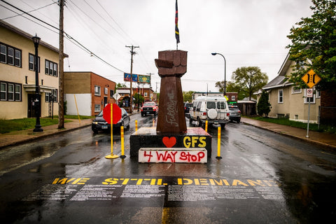 A memorial stands at what is now known as George Perry Floyd Square on May 25, 2022, in Minneapolis. (Stephen Maturen/Getty Images)