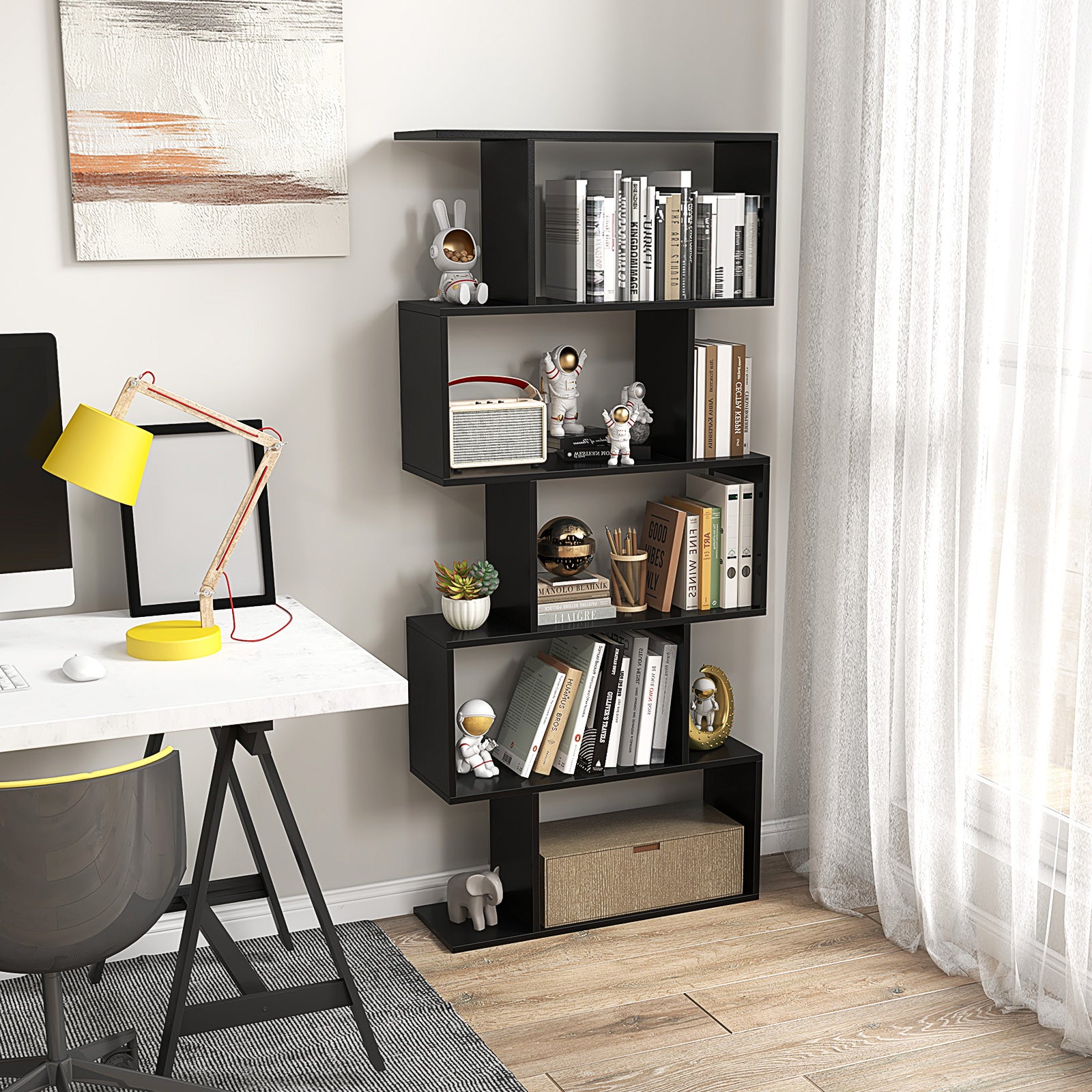 Giantex 5-Tier Bookcase, Freestanding Room Divider Bookshelf w/Open Display Shelves, Wood S-Shaped Storage Organizer, Black