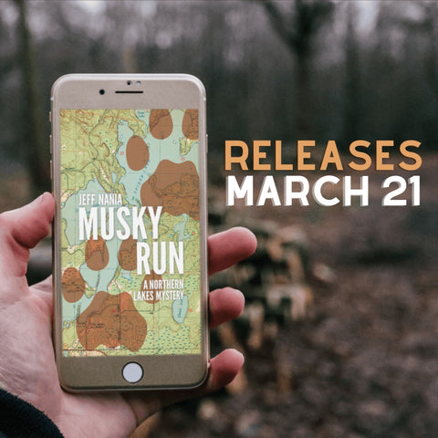 Picture of musky run book cover on a phone outside in the woods