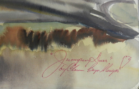 Signature on a watercolor with the shape of an arrowhead