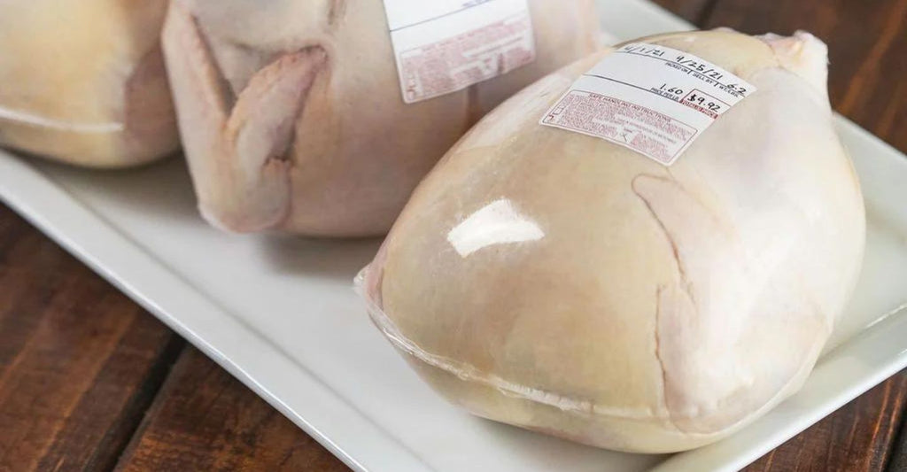 wrapped and labeled whole chickens