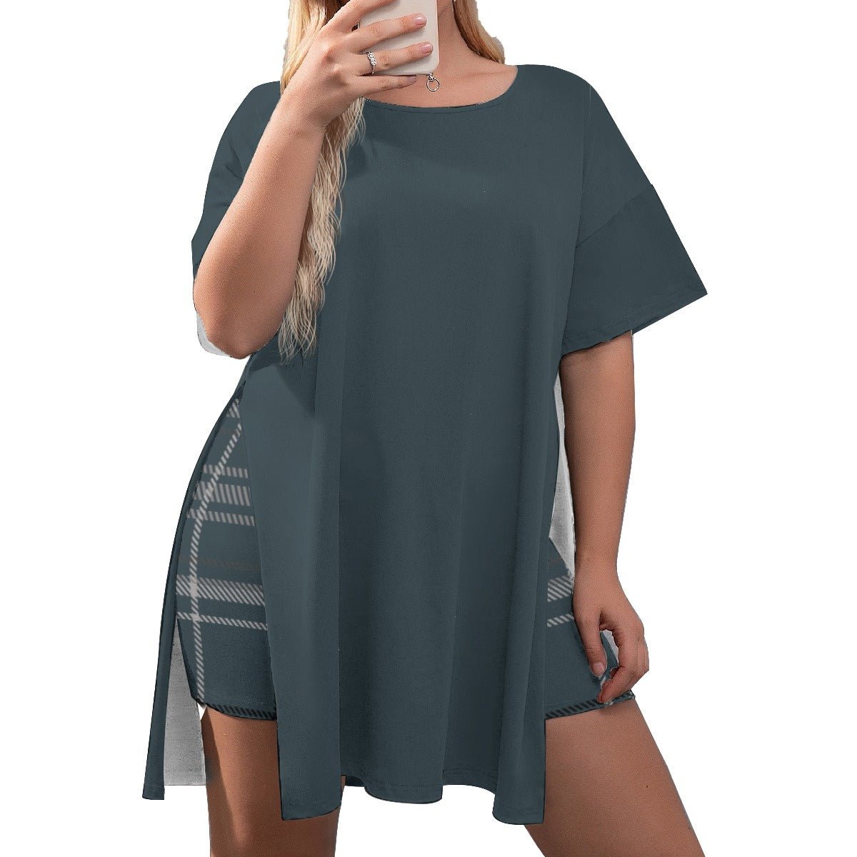 All-Over Print Women's Drop-Shoulder T-Shirt with Side Split and Shorts (Plus Size) (Designed by Dunbi)