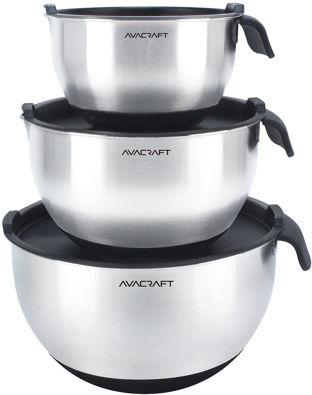 Rorence Stainless Steel Non-Slip Mixing Bowls with Pour Spout Handle and Lid Set of 3 Black