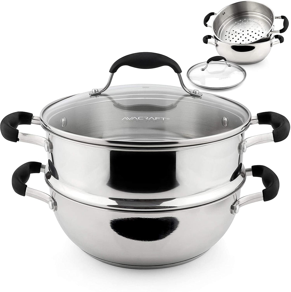 AVACRAFT 18/10 Stainless Steel Frying Pan with Lid and Side Spouts (Fi