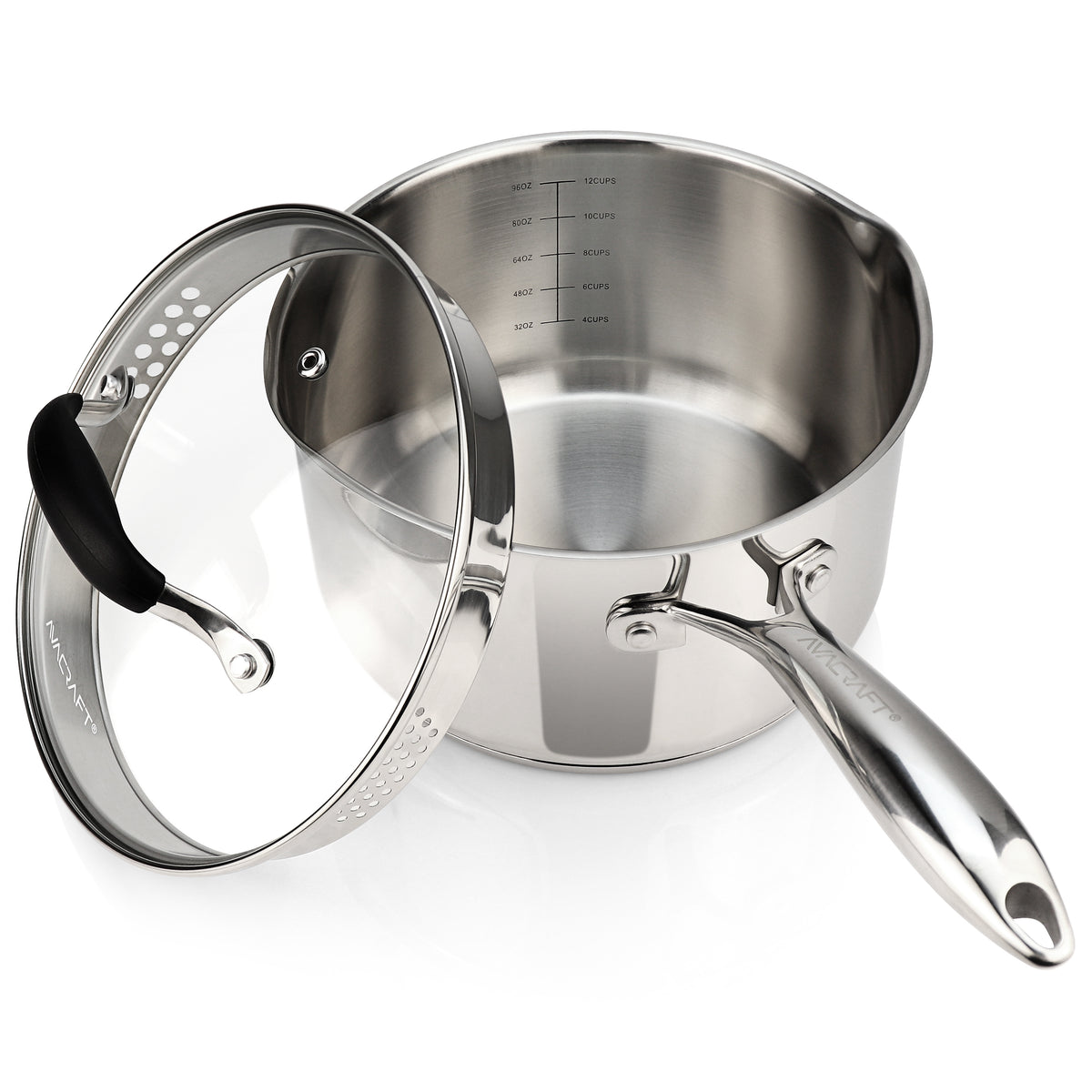 AVACRAFT Stainless Steel Saucepan with Glass Strainer Lid, Two Side Sp