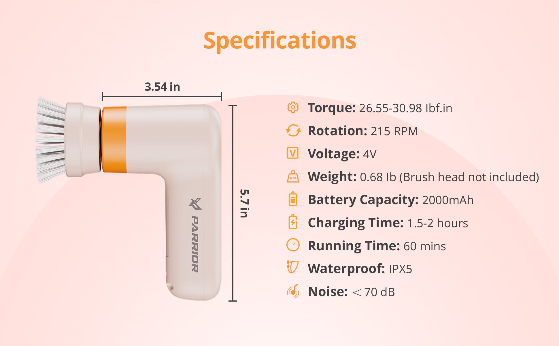 specifications of the parrior M4L Electric Spin Scrubber