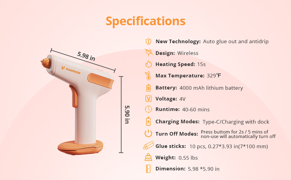 specifications of Parrior cordless hot glue gun