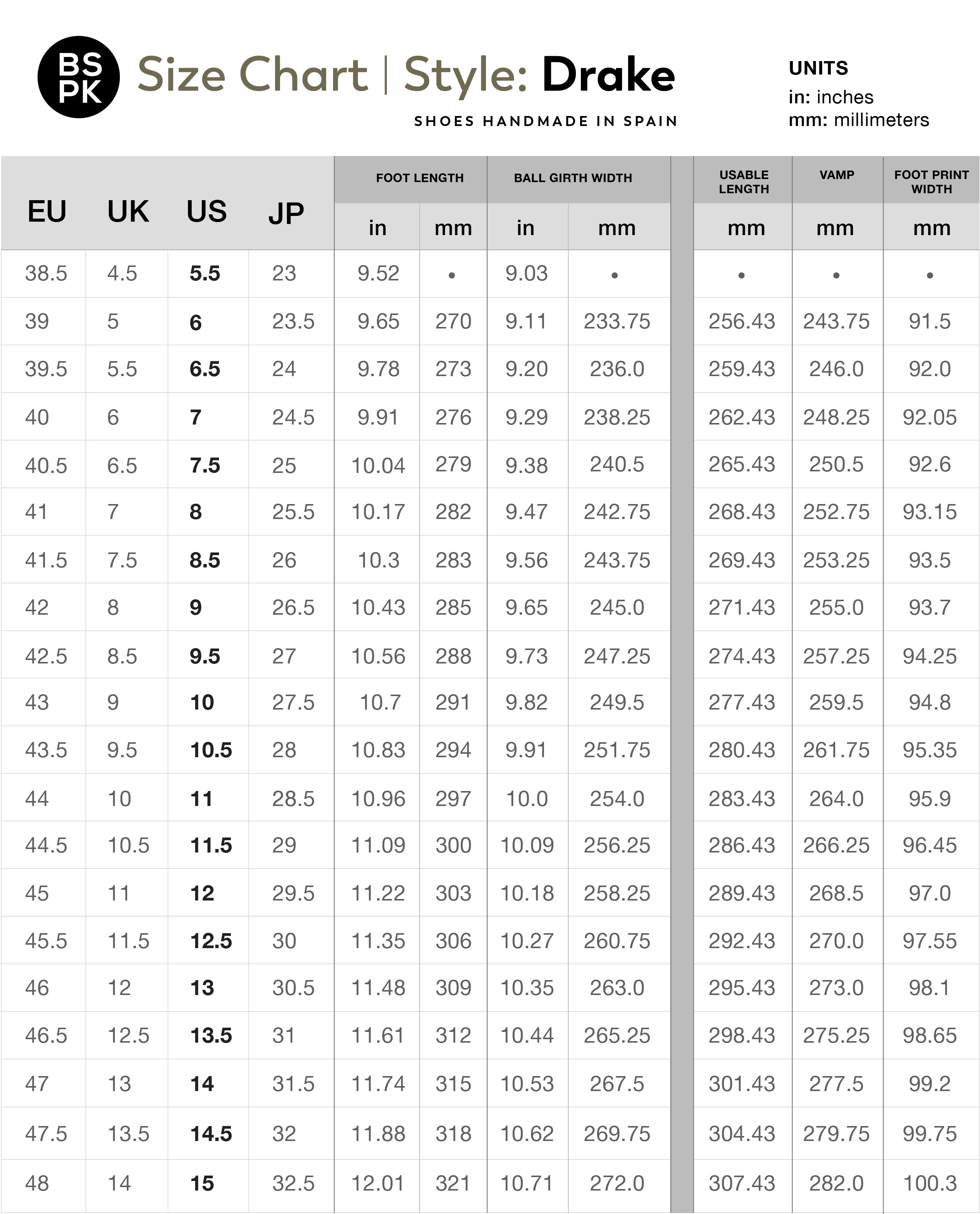 drake size chart – BSPK Shoes