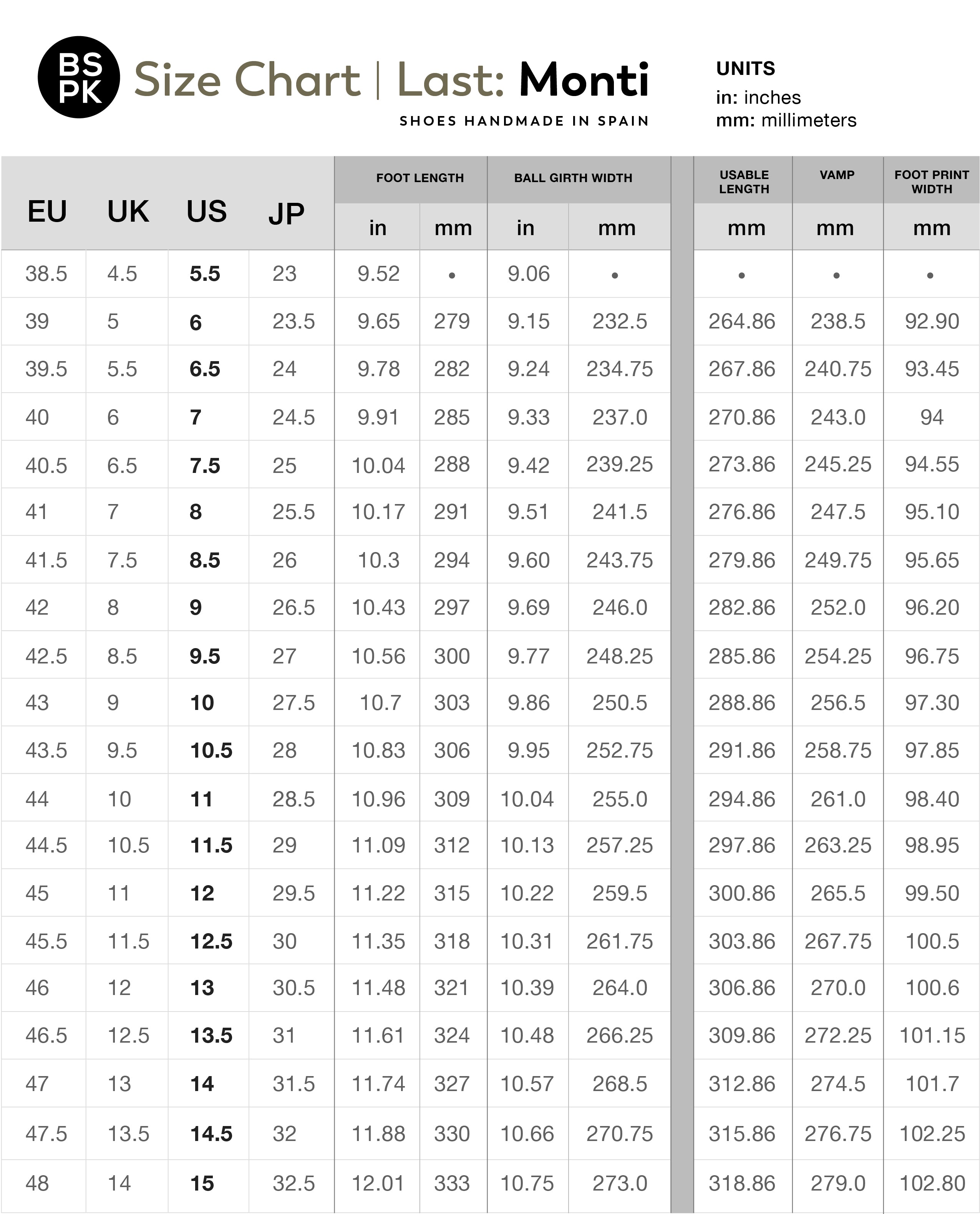 monti size chart – BSPK Shoes