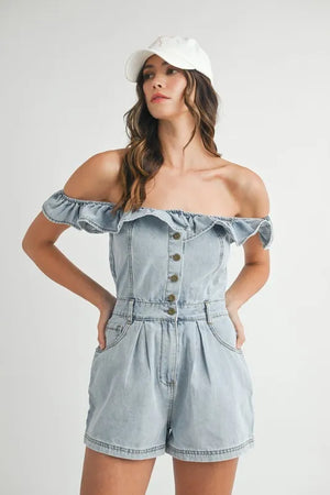 Off Shoulder Ruffle Detail Denim Romper - Essence of Honey
