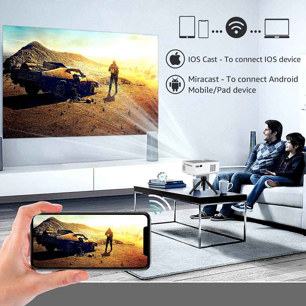 Mini WiFi Projector Wireless Bluetooth Projector with Tripod, 1080P 170” Display Supported, Compatible with TV Stick, PS4, DVD, Portable Protector for Home Entertainment Projector Mini Projector 4k Projector Outdoor Projector Movie Projector Portable Projector