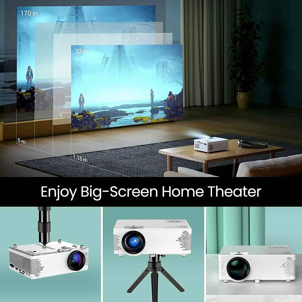 Mini WiFi Projector Wireless Bluetooth Projector with Tripod, 1080P 170” Display Supported, Compatible with TV Stick, PS4, DVD, Portable Protector for Home Entertainment Projector Mini Projector 4k Projector Outdoor Projector Movie Projector Portable Projector