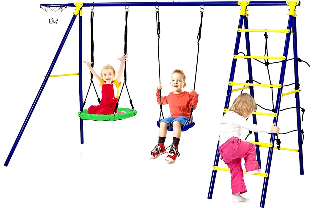 Heavy Duty Swing Set 5-in-1 Metal Frame 550lbs Outdoor Play Sets for Kids With Saucer Swing, Belt Swing, Climbing Rope, Climbing Ladder, Basketball Hoop Swing Sets Swing Set for Kids Outdoor Play Set For Children Backyard Playset Swings Sets