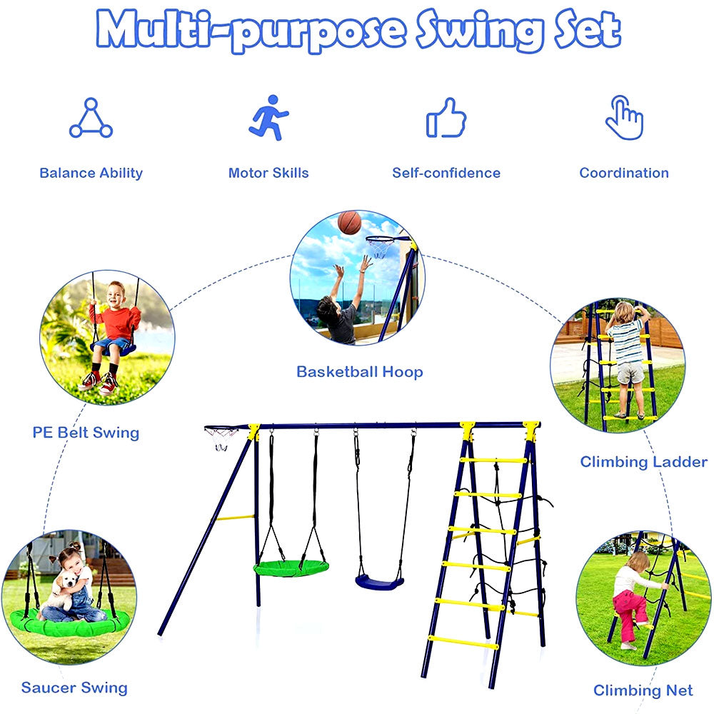 Heavy Duty Swing Set 5-in-1 Metal Frame 550lbs Outdoor Play Sets for Kids With Saucer Swing, Belt Swing, Climbing Rope, Climbing Ladder, Basketball Hoop Swing Sets Swing Set for Kids Outdoor Play Set For Children Backyard Playset Swings Sets