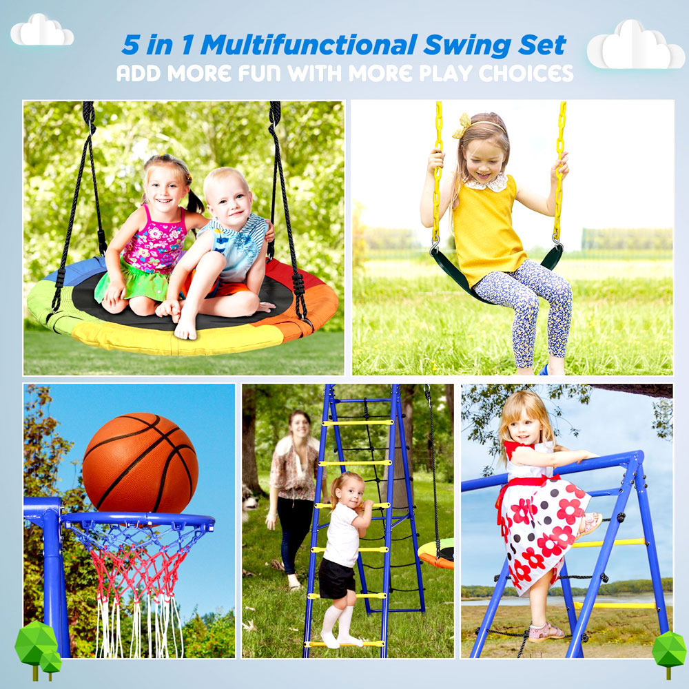 Heavy Duty Swing Set 5-in-1 Metal Frame 550lbs Outdoor Play Sets for Kids With Saucer Swing, Belt Swing, Climbing Rope, Climbing Ladder, Basketball Hoop Swing Sets Swing Set for Kids Outdoor Play Set For Children Backyard Playset Swings Sets