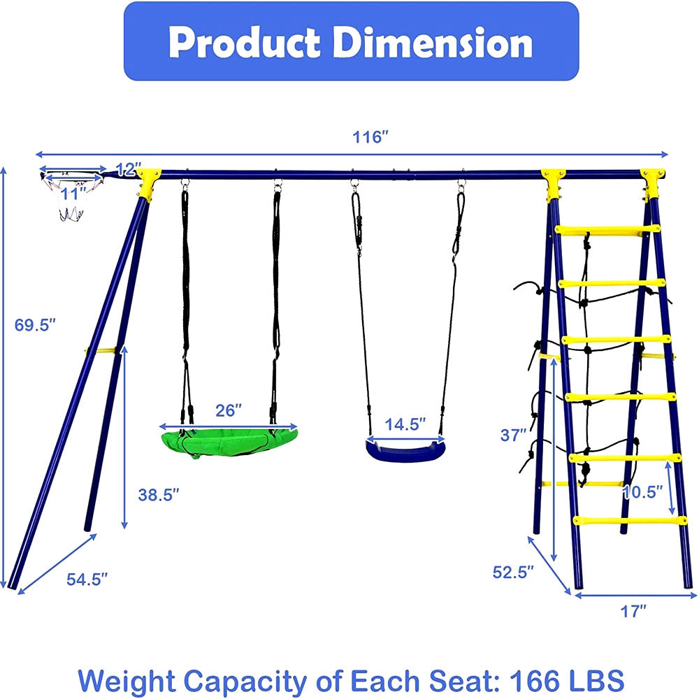 Heavy Duty Swing Set 5-in-1 Metal Frame 550lbs Outdoor Play Sets for Kids With Saucer Swing, Belt Swing, Climbing Rope, Climbing Ladder, Basketball Hoop Swing Sets Swing Set for Kids Outdoor Play Set For Children Backyard Playset Swings Sets