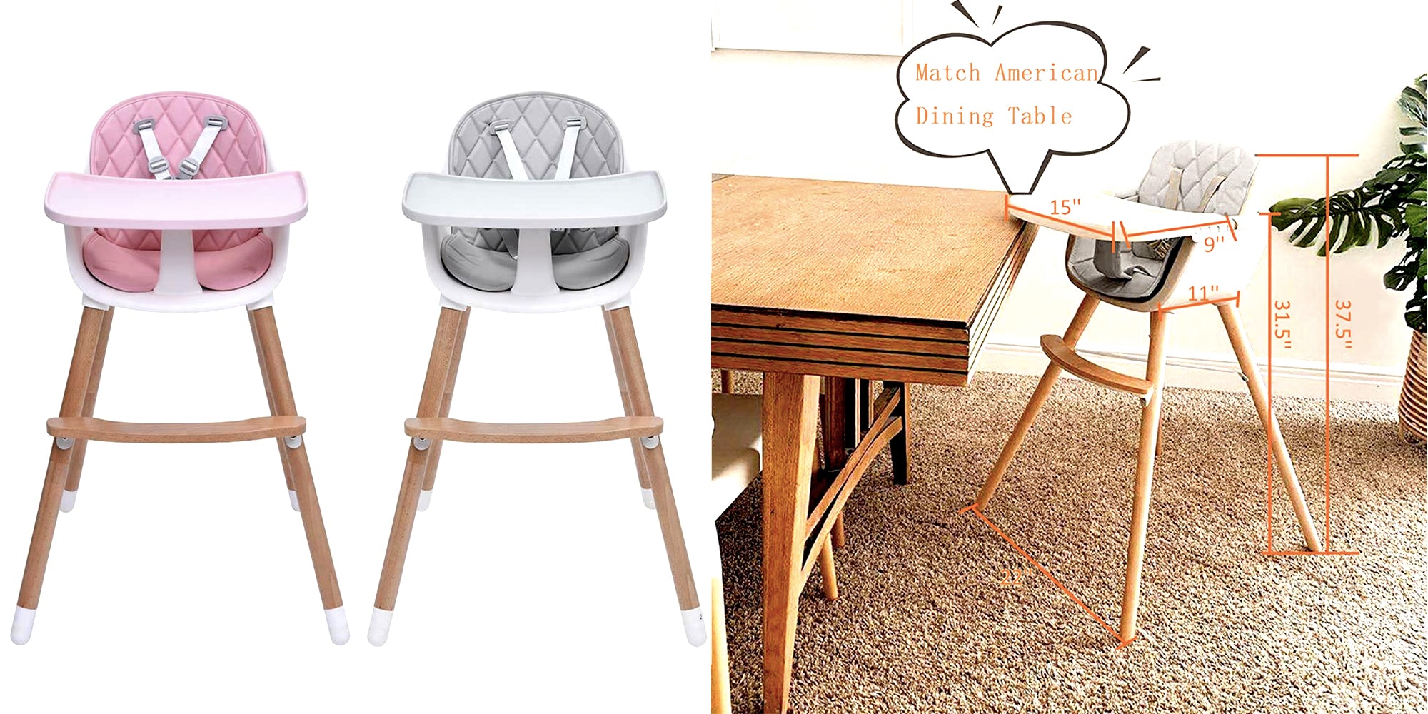 High Chair | Baby Hight Chair with for Baby/Infants/Toddlers 3-in-1 Wooden High Chair Grey Pink Wooden