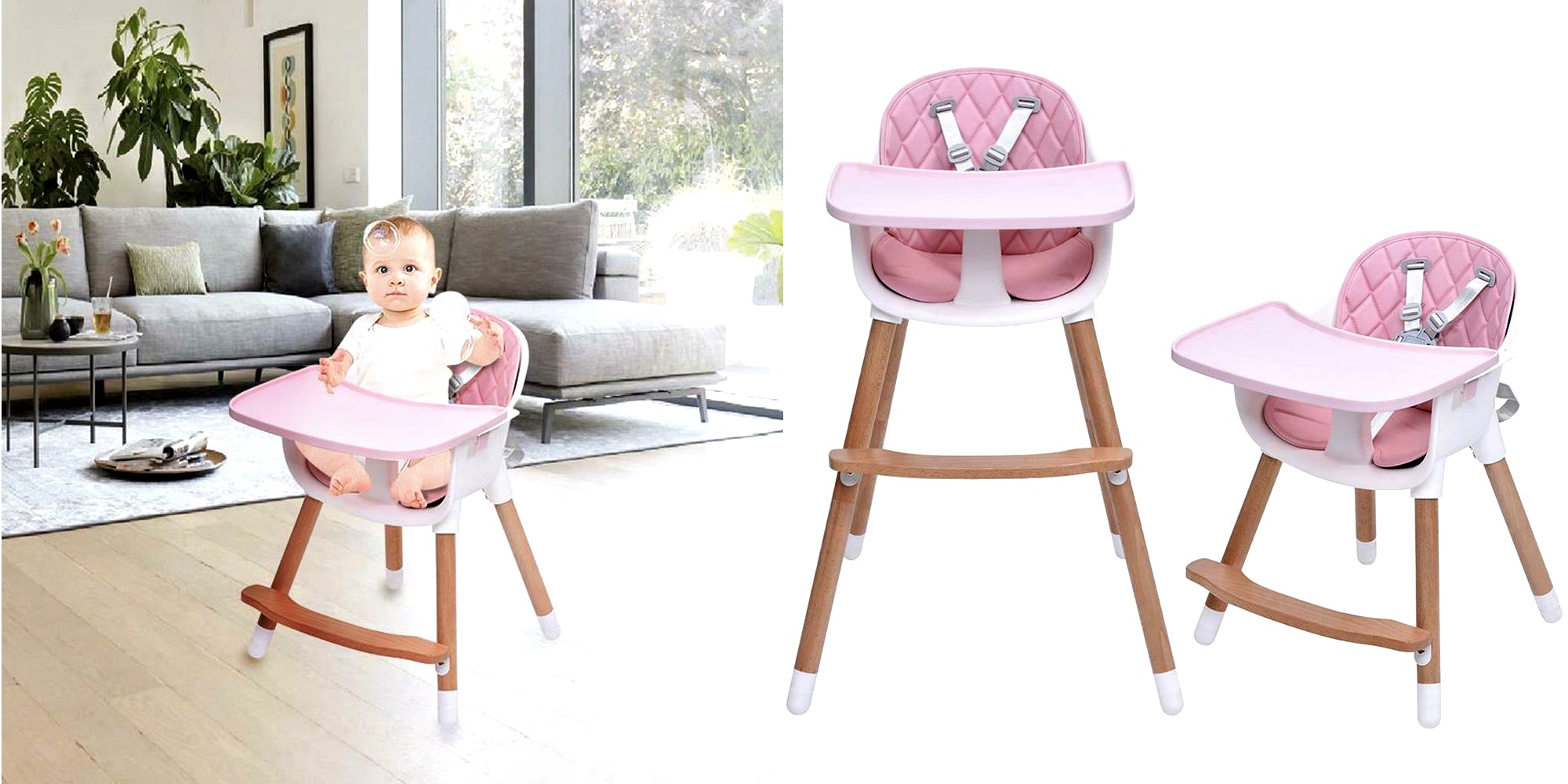 High Chair | Baby Hight Chair with for Baby/Infants/Toddlers 3-in-1 Wooden High Chair Grey Pink Wooden