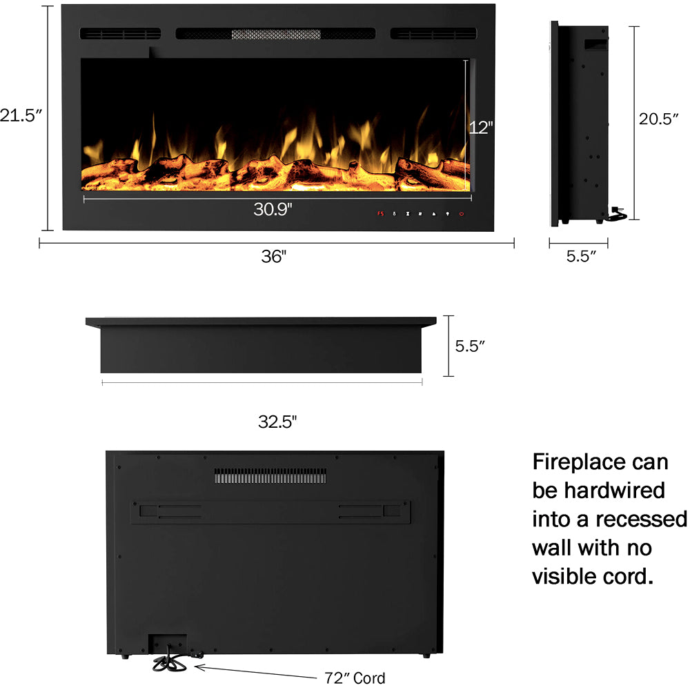 18"/27"/30"/32"/36"/42"/50"/60" Professional Electric Fireplace Heater Wall Mount Insert Realistic  LED Dancing Flame With Touch Screen & Remote Wall Fireplace Black Wall Mounted Insert Fireplace