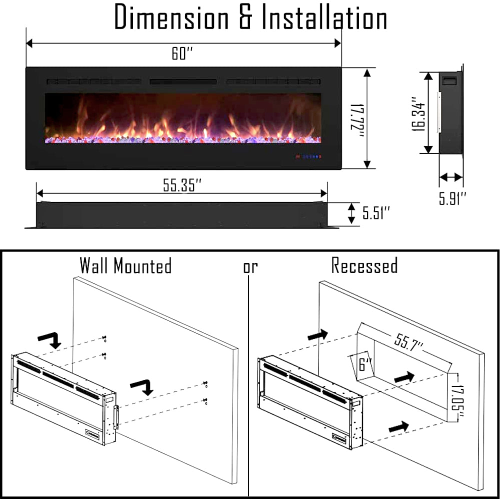 18"/27"/30"/32"/36"/42"/50"/60" Professional Electric Fireplace Heater Wall Mount Insert Realistic  LED Dancing Flame With Touch Screen & Remote Wall Fireplace Black Wall Mounted Insert Fireplace