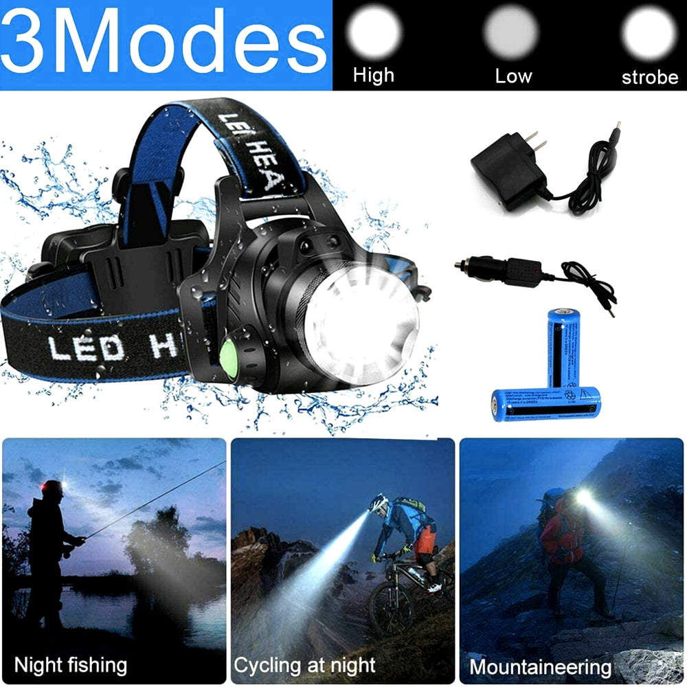 Best & Brightest Rechargeable Led Headlamp Head Flashlight with 2 Rechargeable 18650 Battery Blue Black Ultra Bright Camping Fishing Cave Outdoor Wood Mountaineering