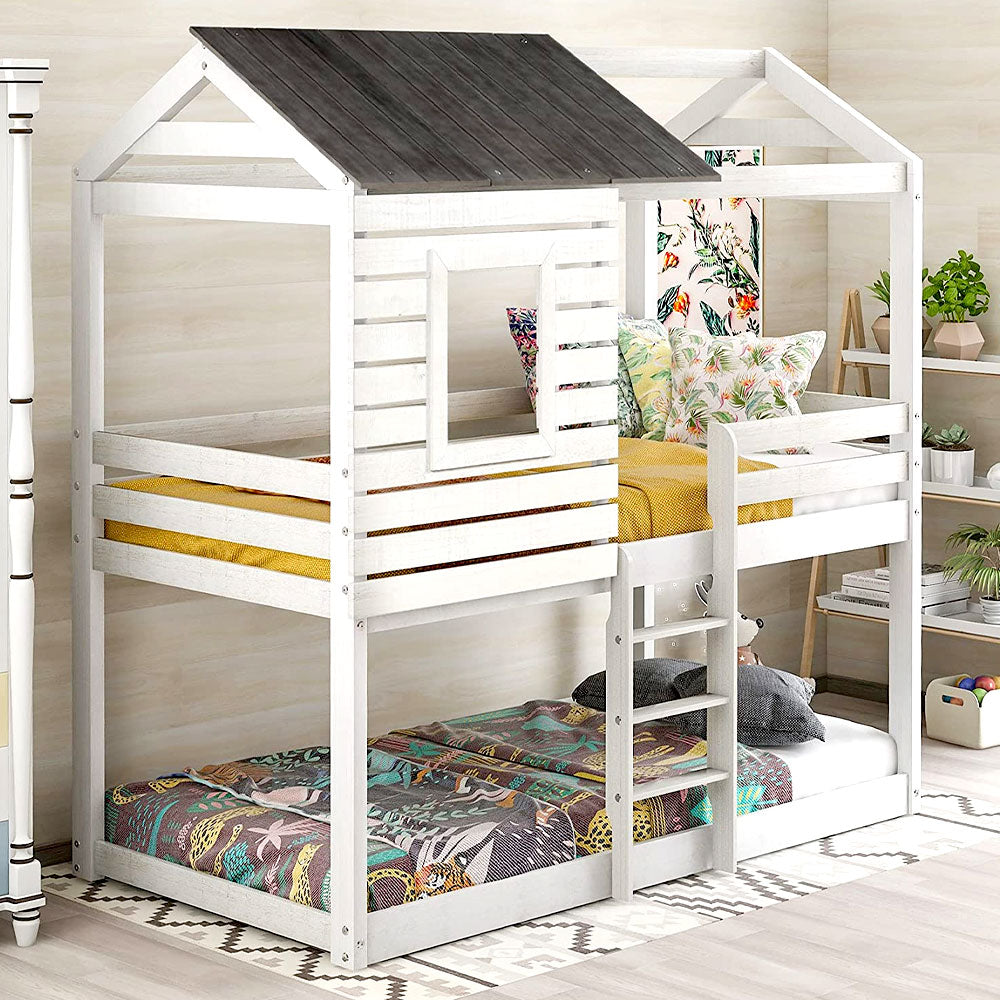 House Bunk Beds, Twin Over Twin Bunk Bed Frame Low Bunk Bed for Kids Toddlers Boys Girls