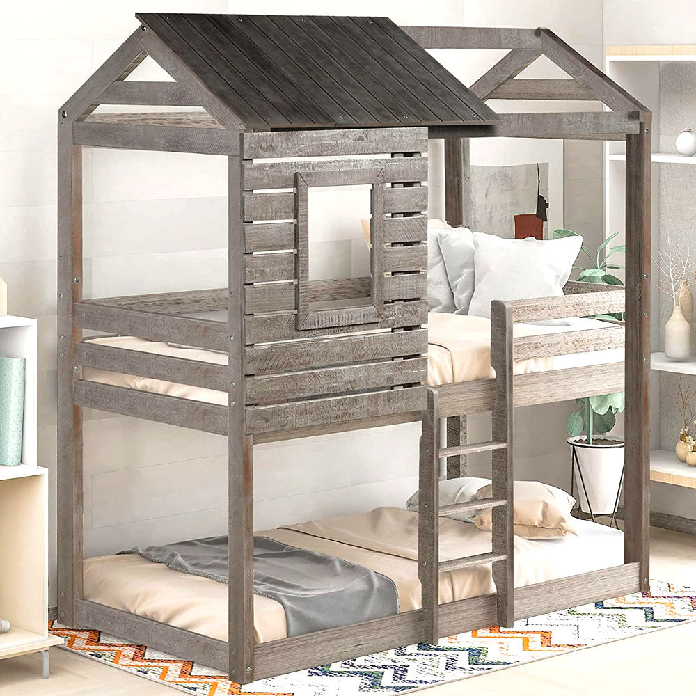 House Bunk Beds, Twin Over Twin Bunk Bed Frame Low Bunk Bed for Kids Toddlers Boys Girls