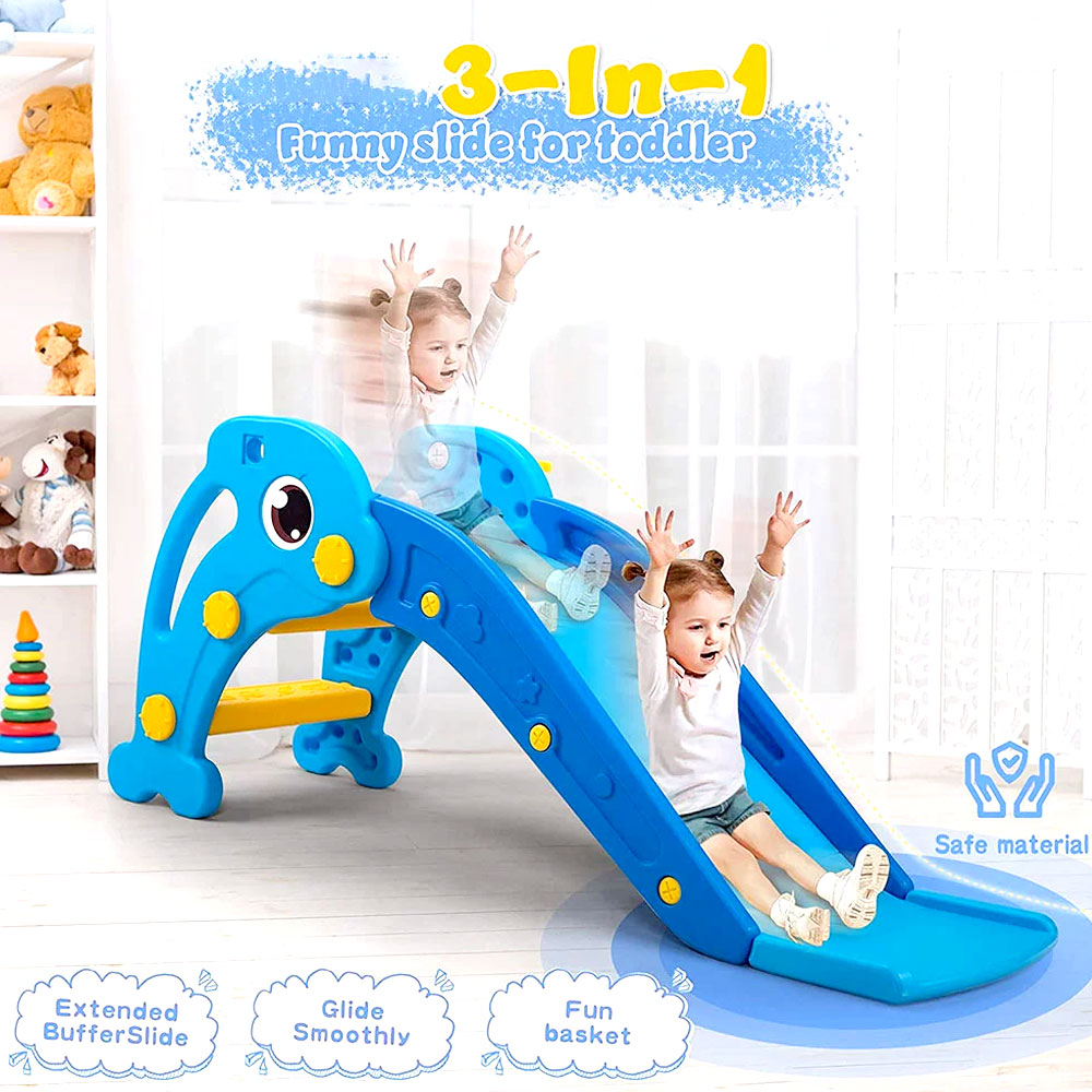 3 in 1 Slide for Kids, Toddler Slide Climber Set for Indoor Outdoor, Freestanding Game Slide with Extra Long Slipping Slope, Basketball Hoop and Ball for Boys & Girls Kids Slide for Indoor and Outdoor, Freestanding Slide for Toddler Playground Slipping Slide Climber Toy Playset with Basketball Hoop & Ball, Pink Blue Yellow Red