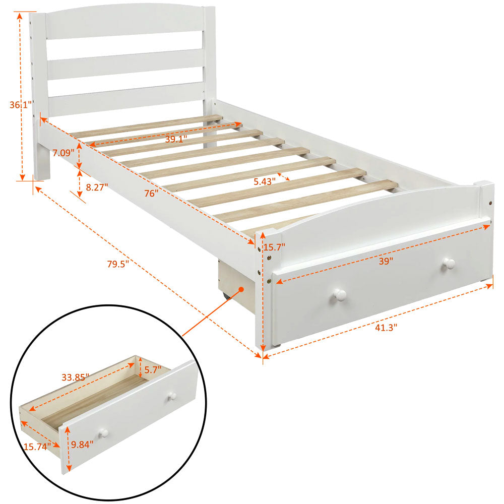 Twin Bed for Kids Upgrade Pine Wood Kids Bed Frame with Headboard and Footboard, Modern Kids Bed Furniture for Bedroom with Storage Drawer, Holds 275 lb, No Box Spring Needed Kids Bed Wooden Twin Bed For Boys Girls