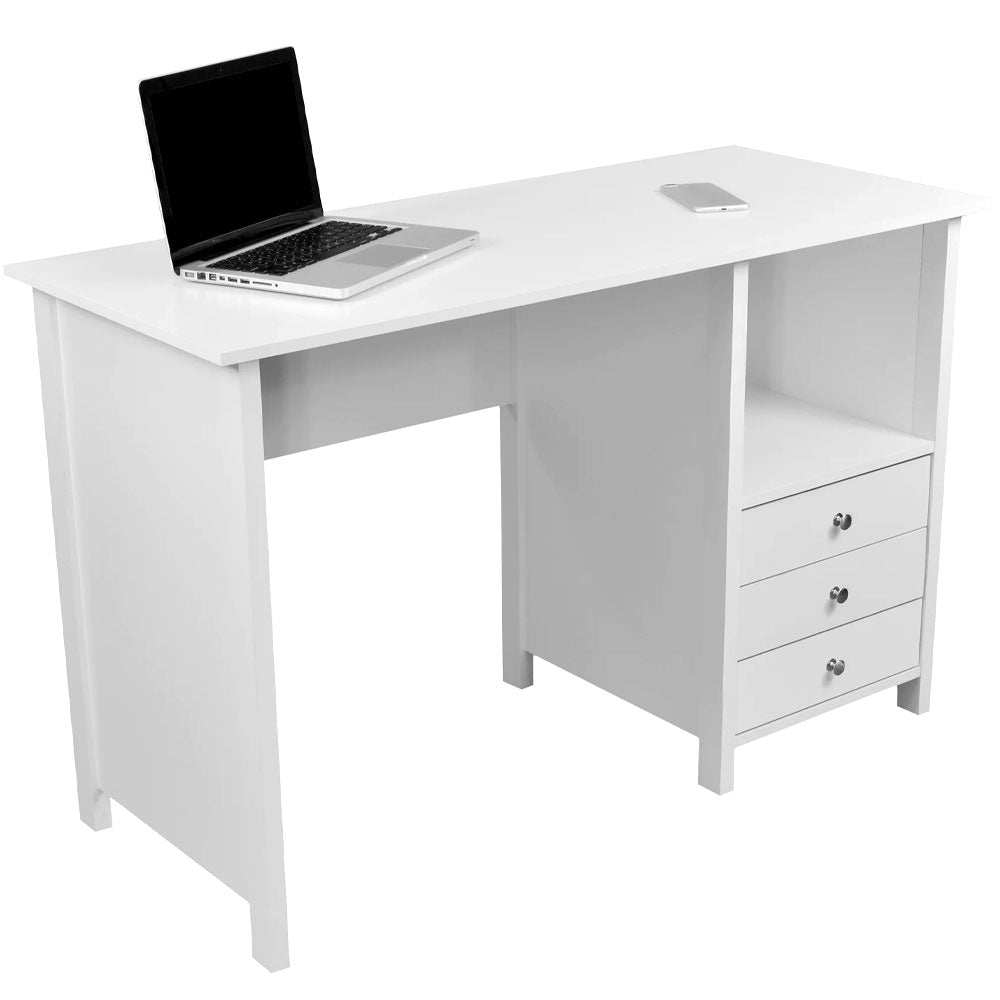 Modern White Desk - Small Wooden Computer Desk with 3 Storage